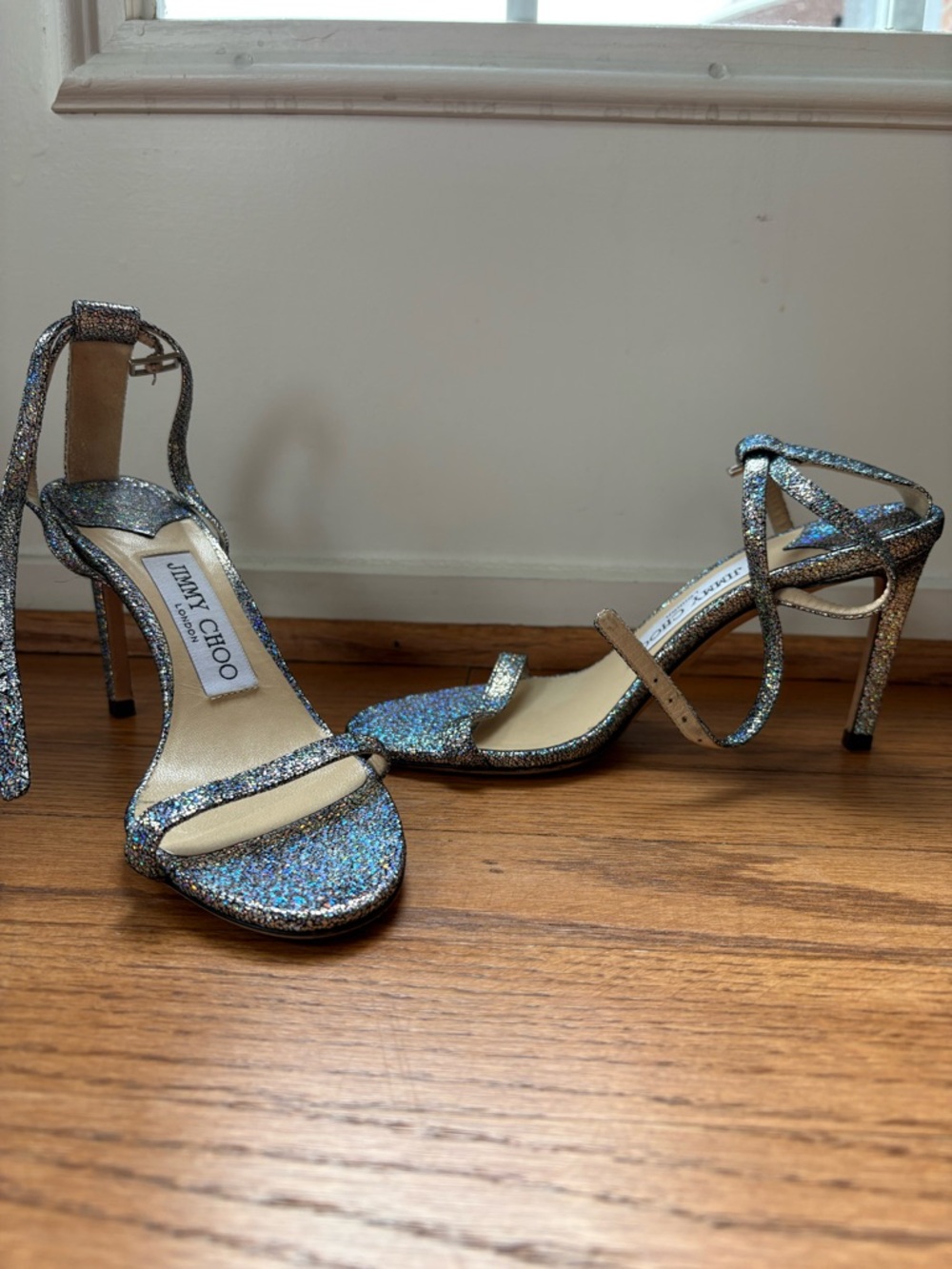 Jimmy Choo Iridescent Glitter Strappy Heels - Blue Multicolor